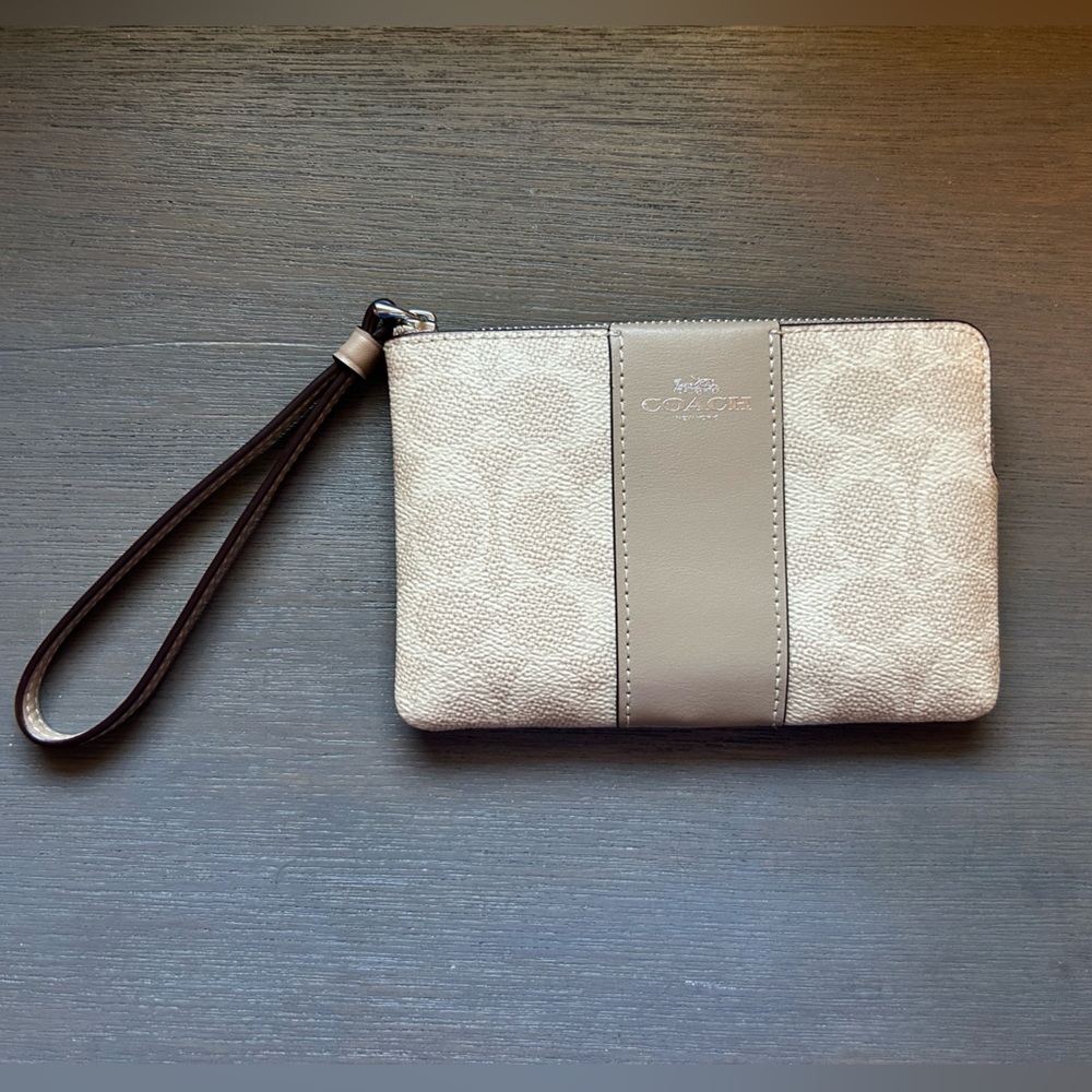 Coach Corner Zip Wristlet In Signature Canvas With Strip